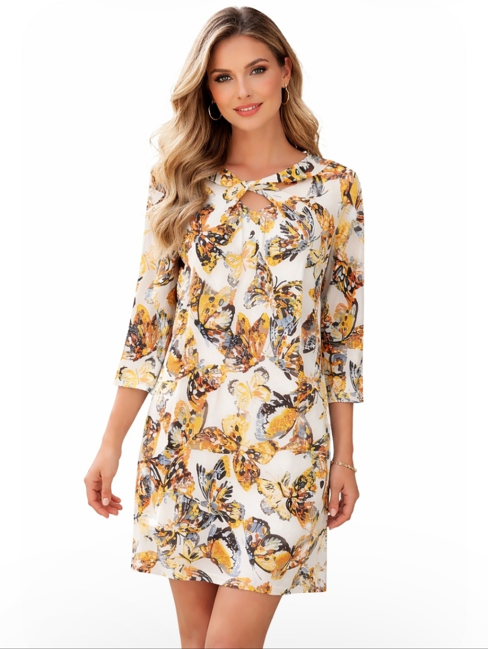 Attitudes by René Butterfly Print Tunic Top Women Small Keyhole Neck Relaxed Fit